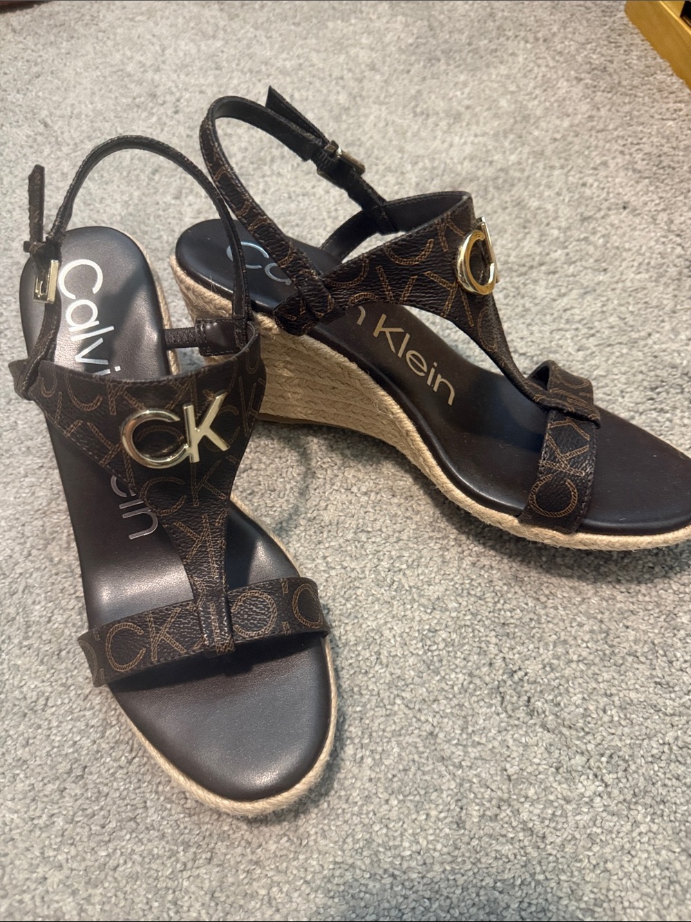 Calvin Klein Brown Monogram Espadrille Wedge Sandals